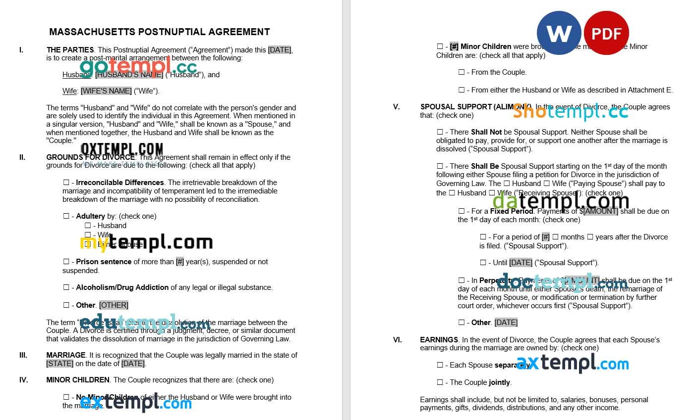 Massachusetts Postnuptial Agreement Word example