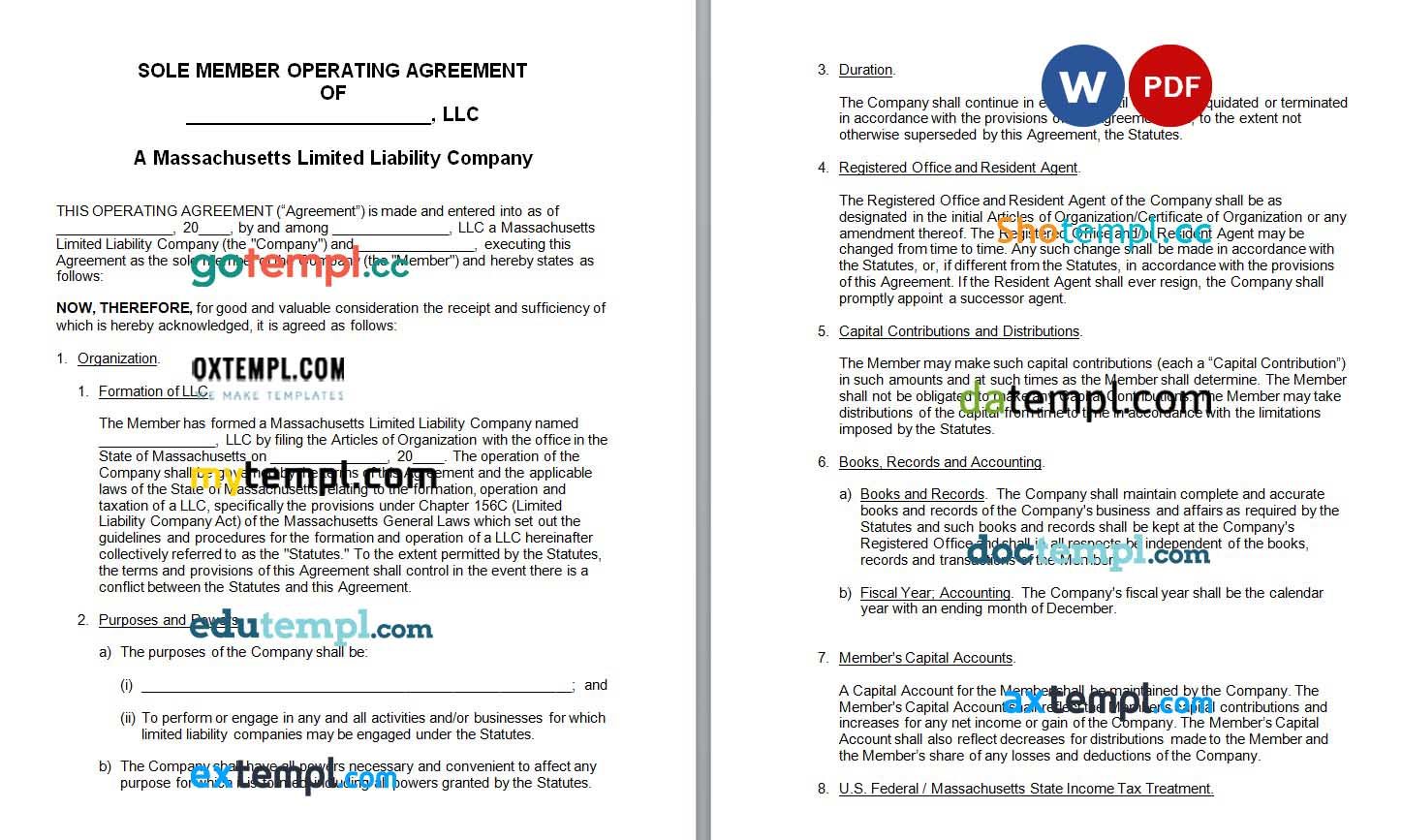 Massachusetts Single-Member LLC Operating Agreement Word example