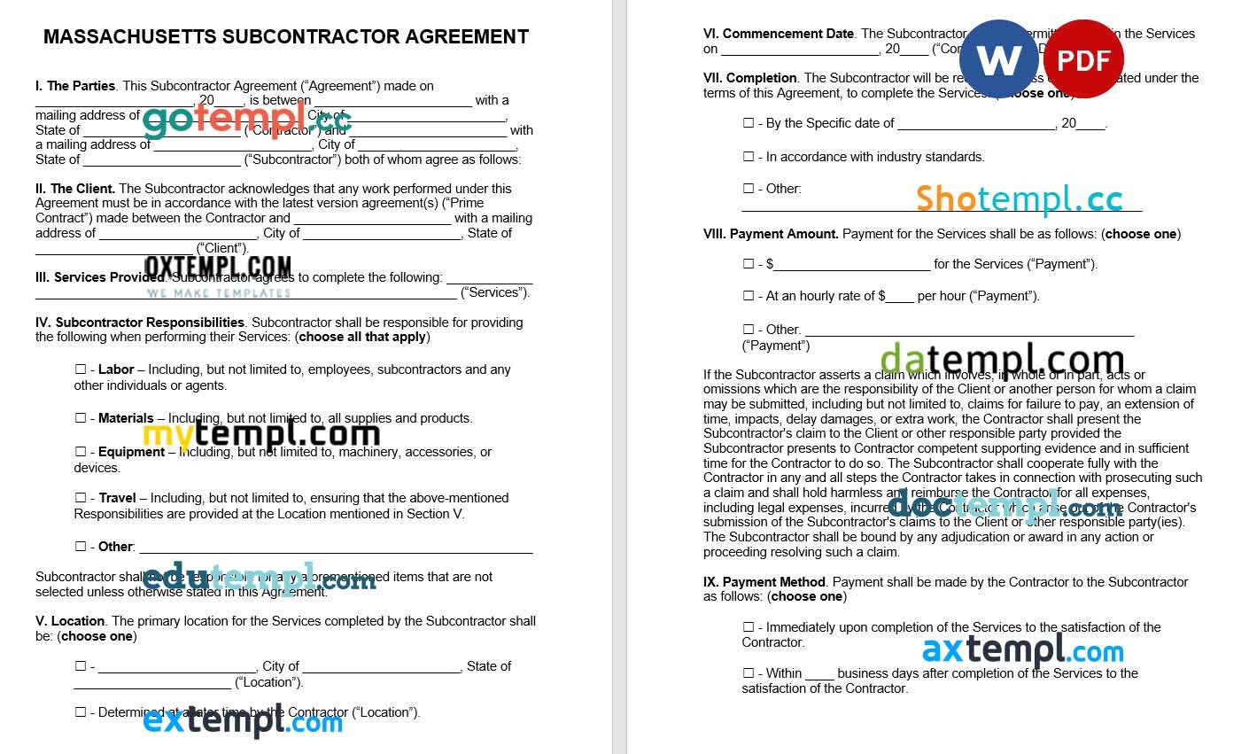 Massachusetts Subcontractor Agreement Word example