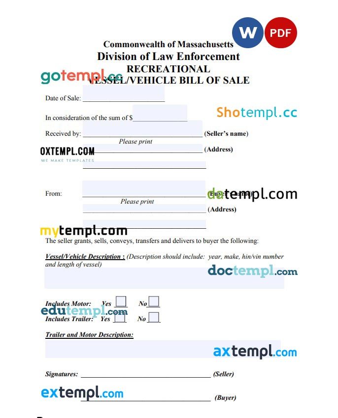 Massachusetts Vehicle Vessel Bill of Sale example, fully editable