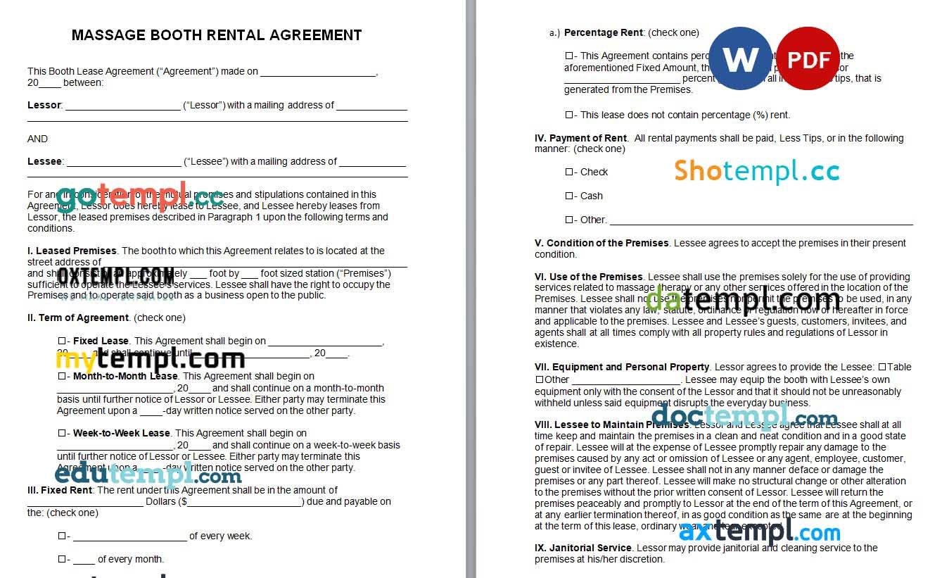 Massage Booth Rental Agreement Word example