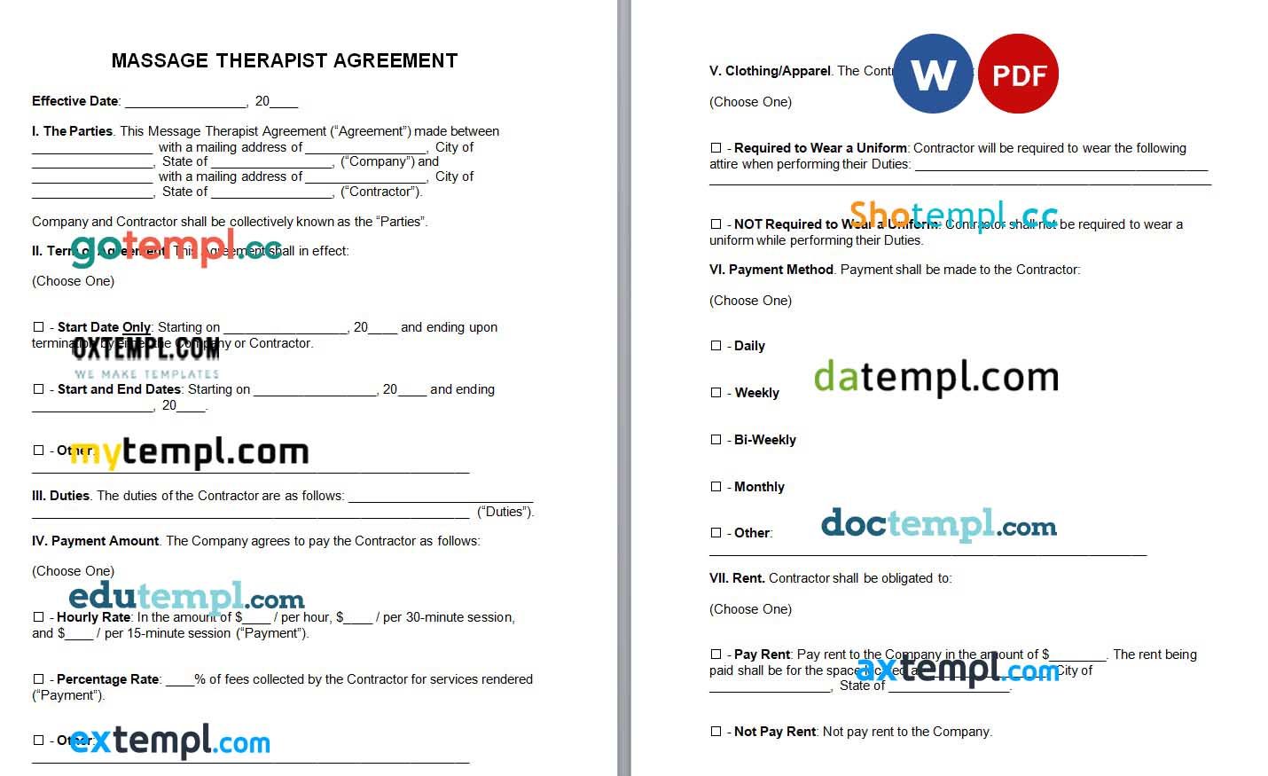 Massage Therapist Agreement Word example, fully editable