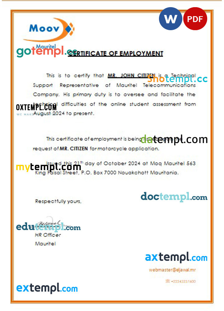 Mauritania Mauritel Telecommunications Company certificate of employment Word and PDF download template