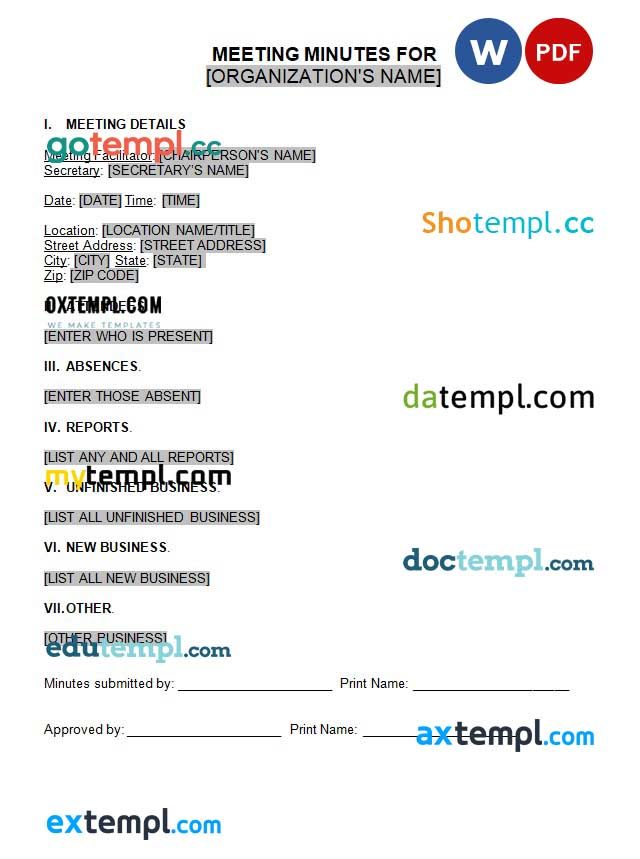 Meeting Minutes Word example, fully editable