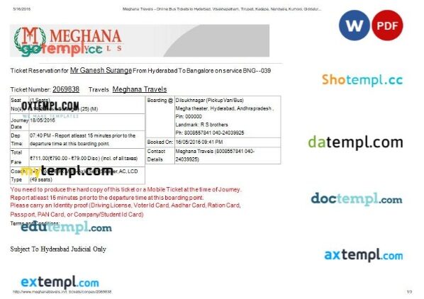 Meghana Travels bus e-ticket, Word and PDF download template, 3 pages