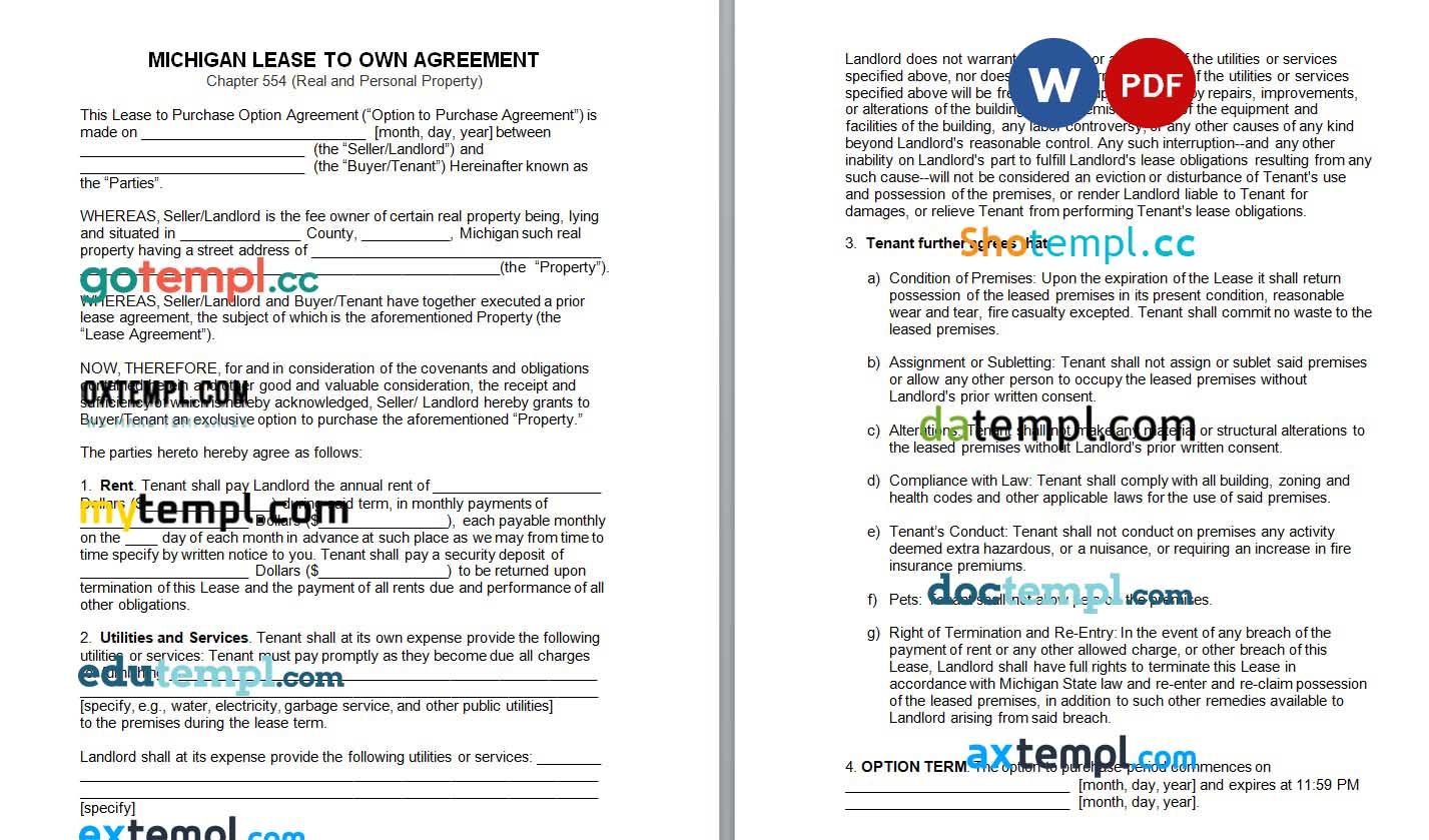 Michigan Lease with Option to Purchase Agreement Word example, fully editable