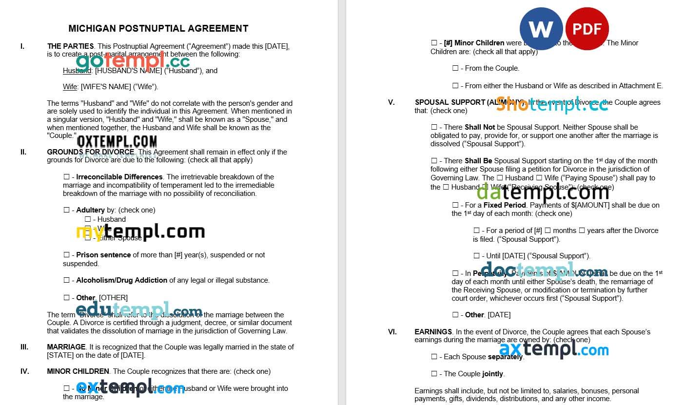 Michigan Postnuptial Agreement Word example, fully aditable