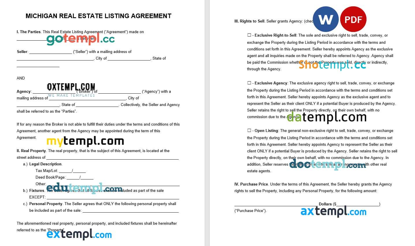 Michigan Real Estate Listing Agreement Word example, fully editable