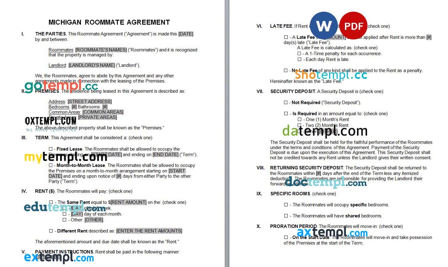 Michigan Roommate Agreement Word example, fully editable