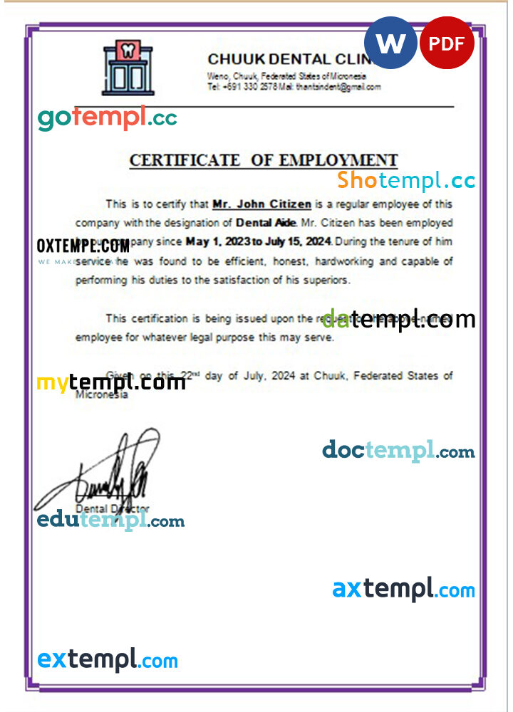 Micronesia Chuuk Dental Clinic certificate of employment Word and PDF download template