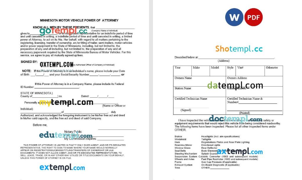 Minnesota Motor Vehicle Power of Attorney Form example, fully editable