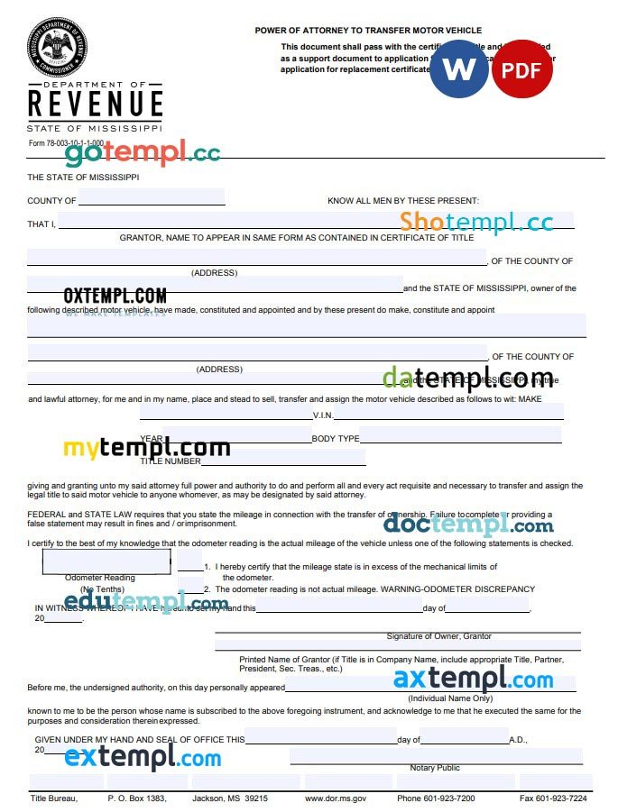 Mississippi Motor Vehicle Power of Attorney example, fully editable