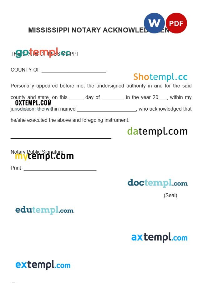 Mississippi Notary Acknowledgement Form example, fully editable