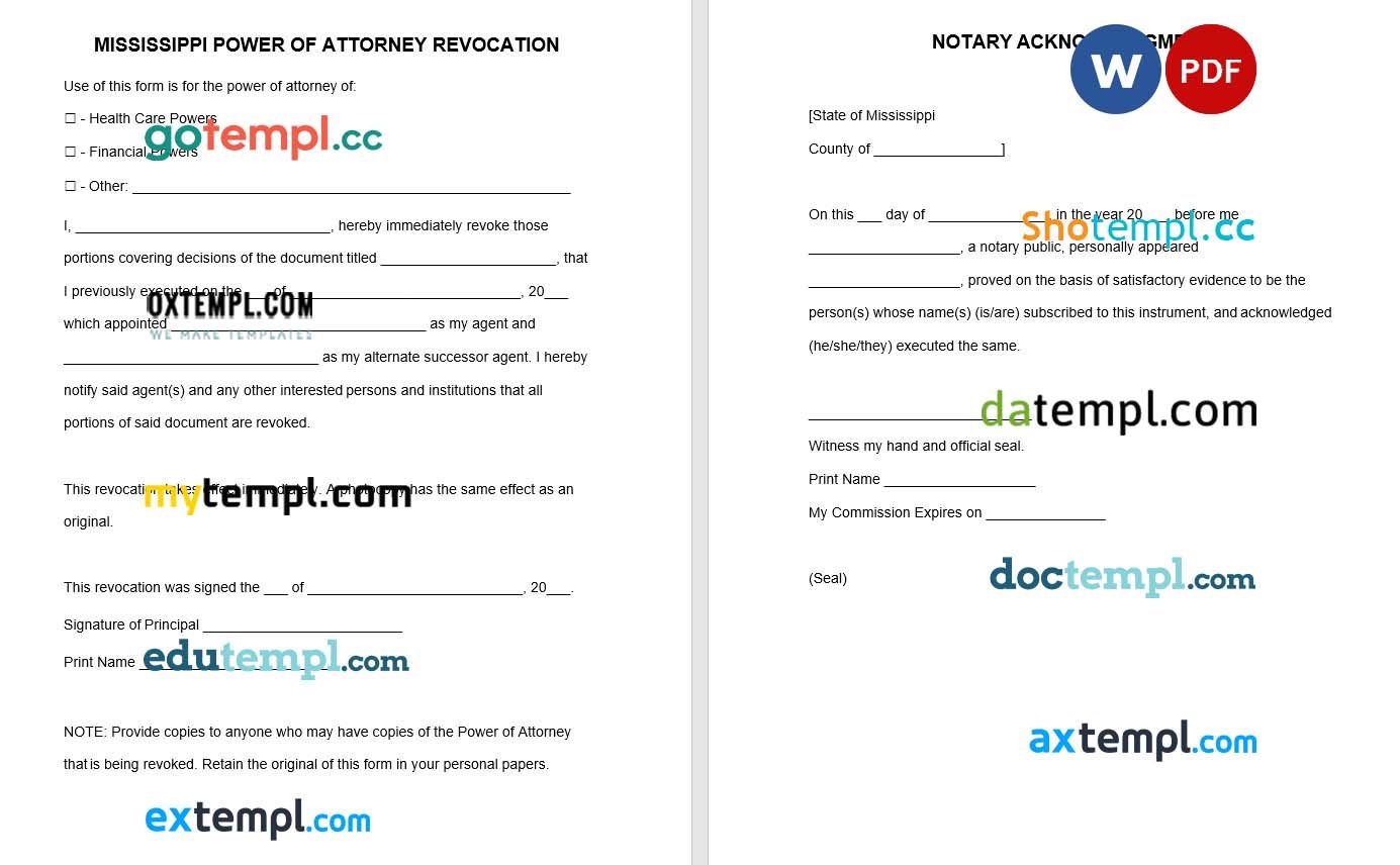 Mississippi Power of Attorney Revocation example, fully editable