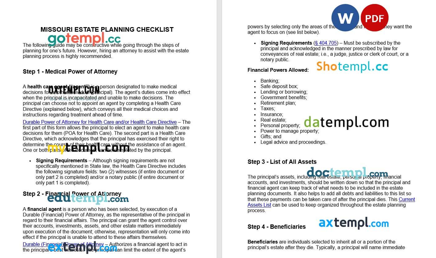 Missouri Estate Planning Checklist example, fully editable