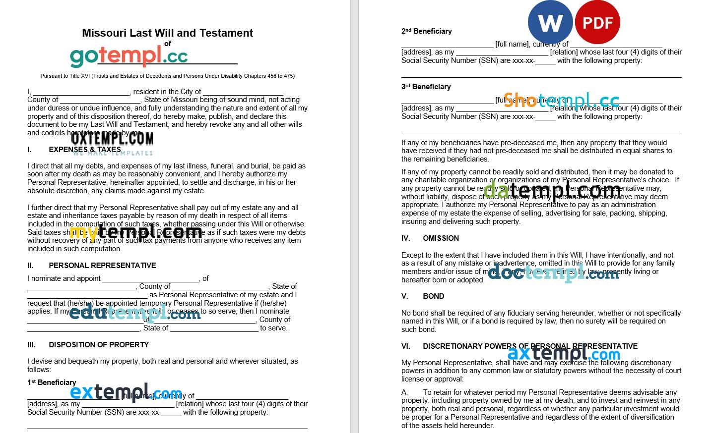 Missouri Last Will and Testament example, fully editable