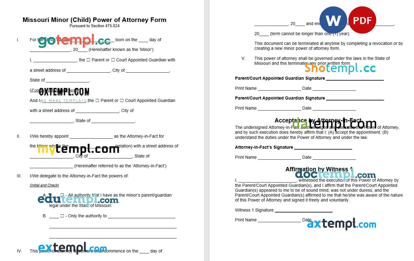 Missouri Minor Child Parental Power of Attorney example, fully editable