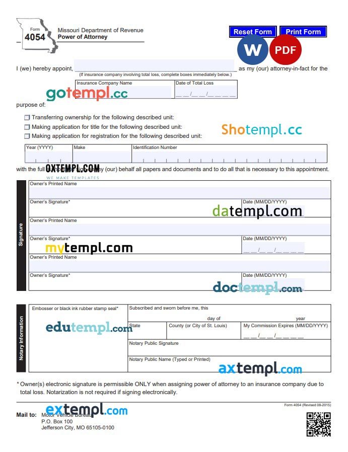 Missouri Motor Vehicle Power of Attorney Form example, fully editable