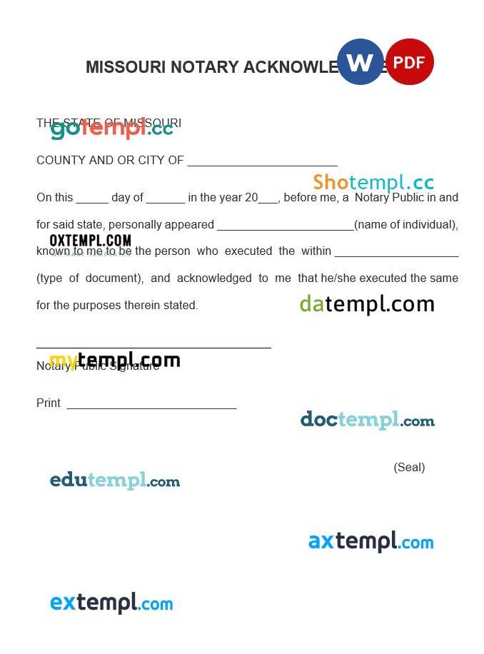 Missouri Notary Acknowledgement Form example, fully editable