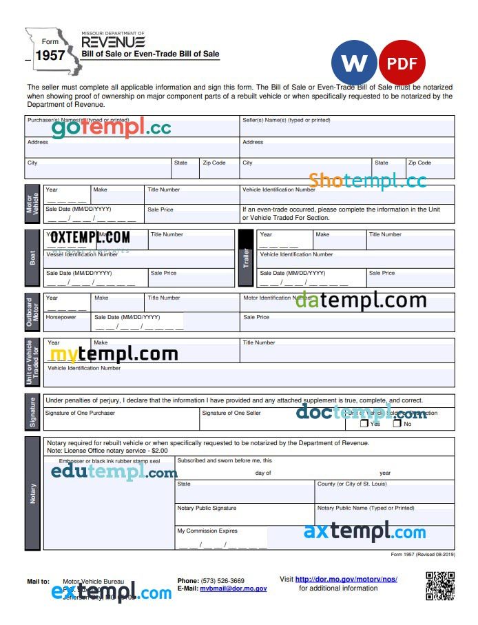 Missouri Vehicle Bill of Sale Form example, fully editable