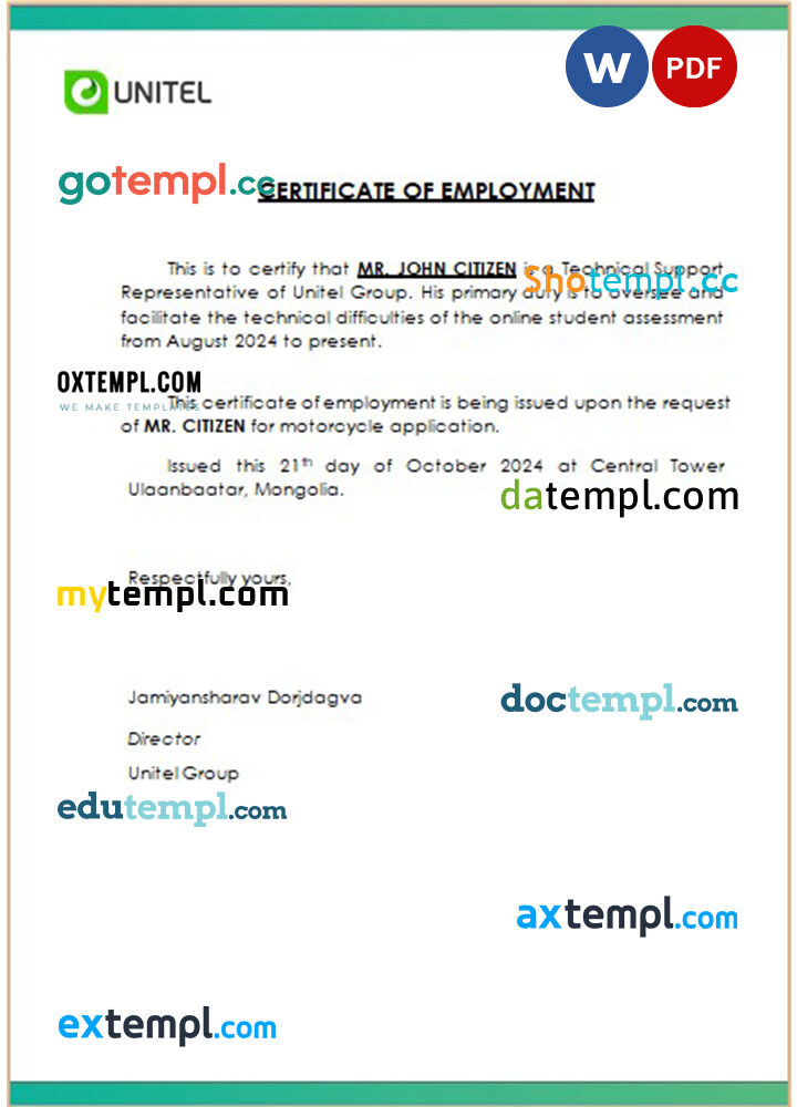 Mongolia Unitel Group certificate of employment Word and PDF download template