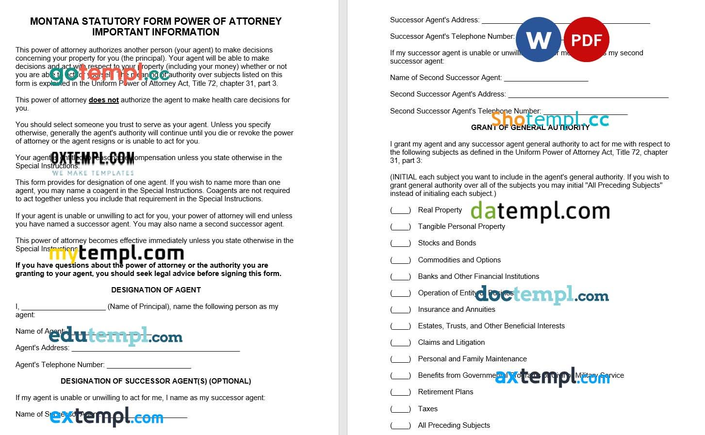 Montana Durable Statutory Power of Attorney Form example, fully editable