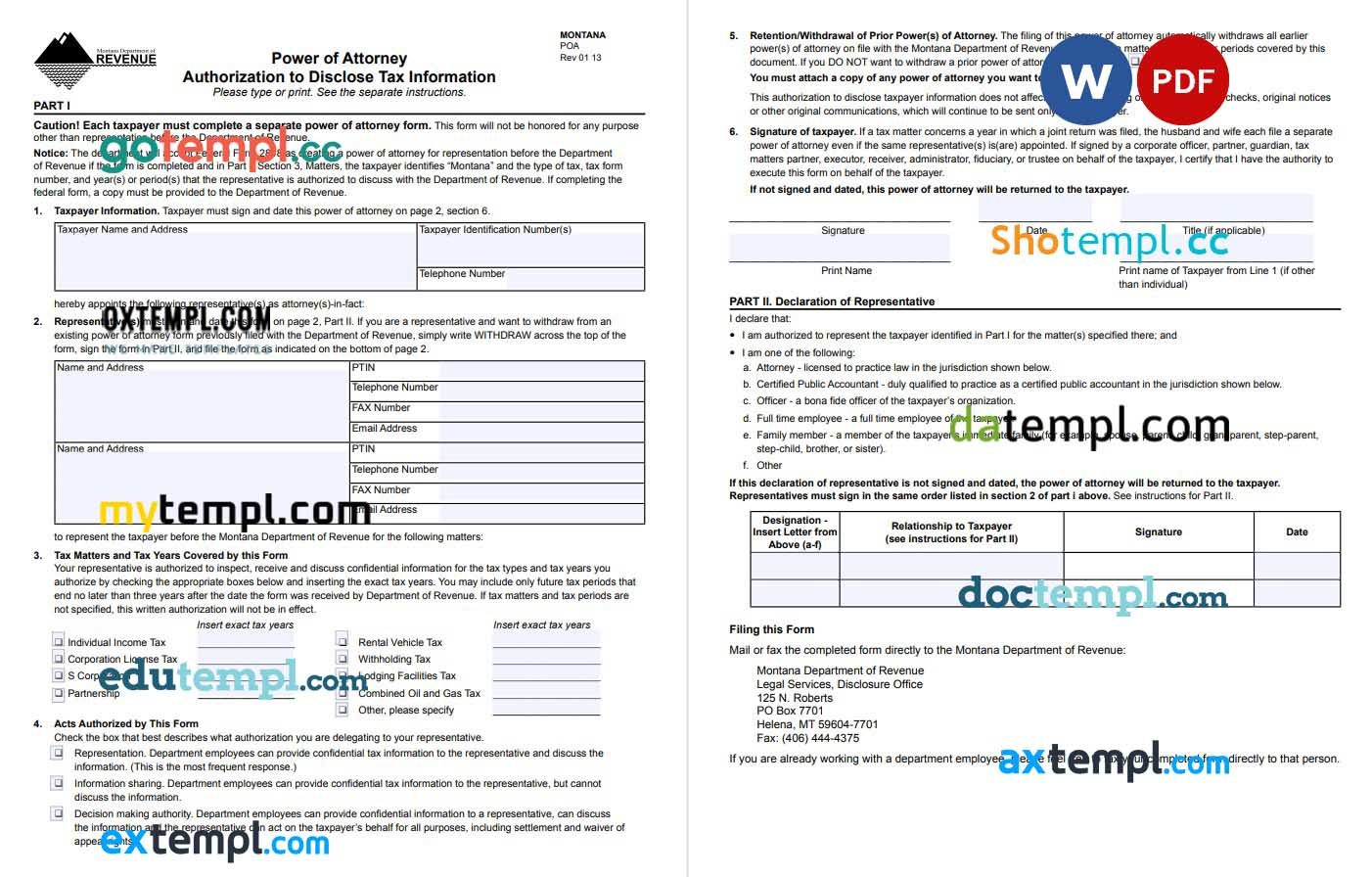 Montana Tax Power of Attorney Form example, fully editable