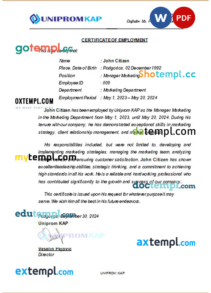 Montenegro Uniprom KAP certificate of employment Word and PDF download template