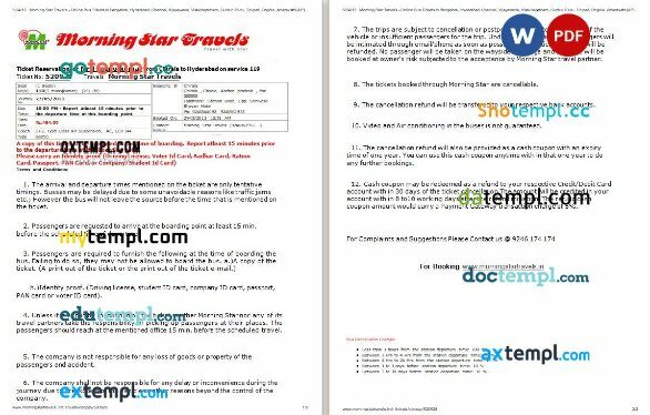 Morning Star Travels bus e-ticket, Word and PDF download template, 2 pages