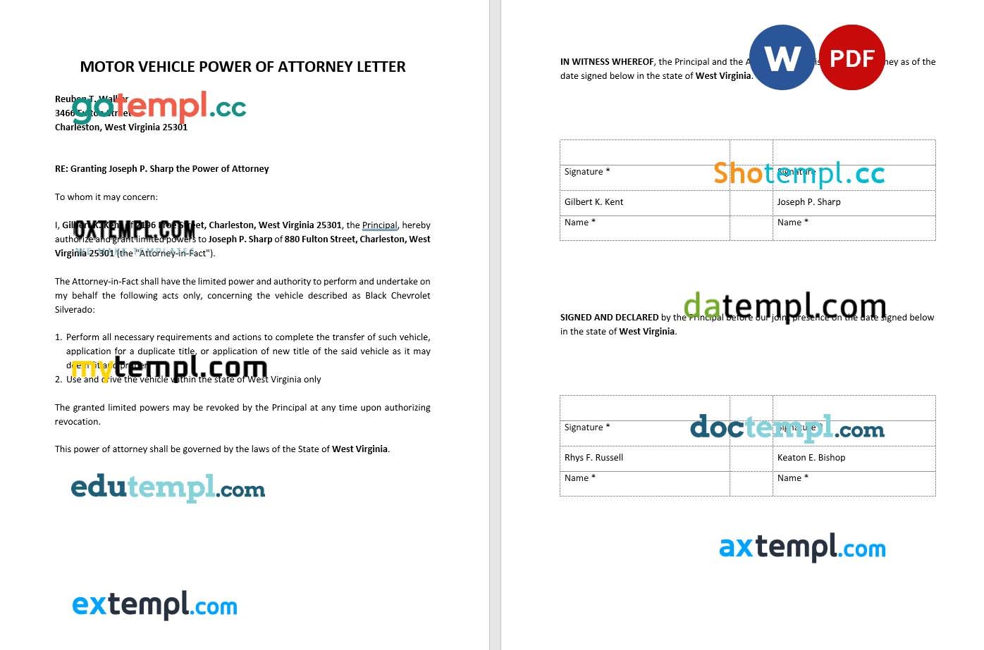 Motor Vehicle Power of Attorney Letter example, fully editable