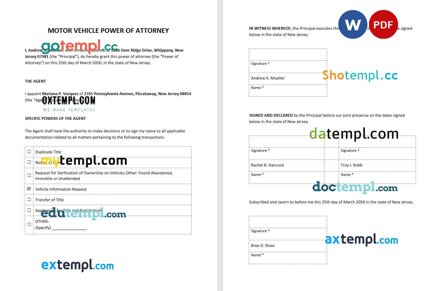 Motor Vehicle Power of Attorney example, fully editable