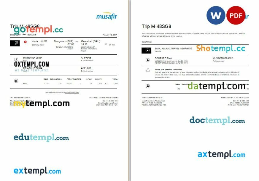 Musafir - AirAsia airplane e-ticket, Word and PDF download template, 2 pages