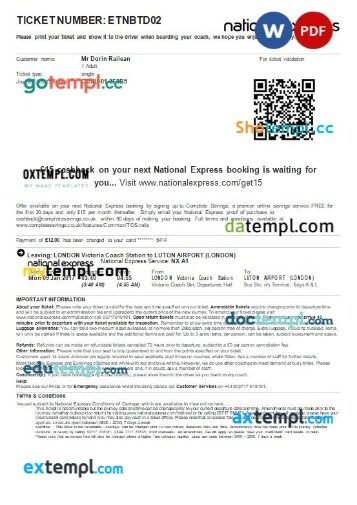 National Express bus e-ticket, Word and PDF download template