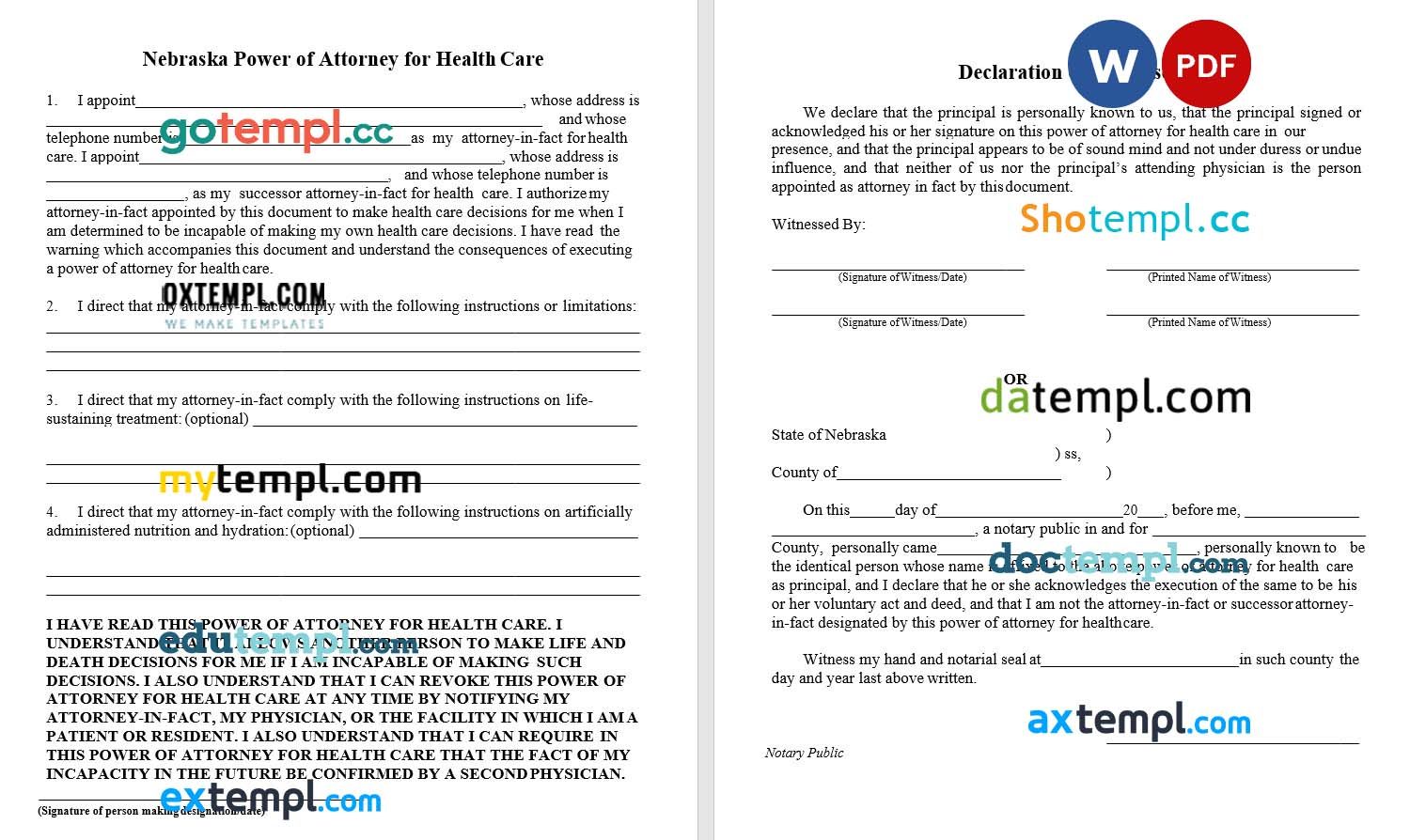 Nebraska Durable Power of Attorney for Health Care example, fully editable