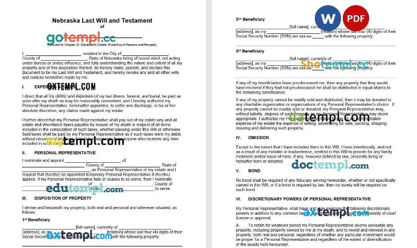 Nebraska Last Will and Testament example, fully editable