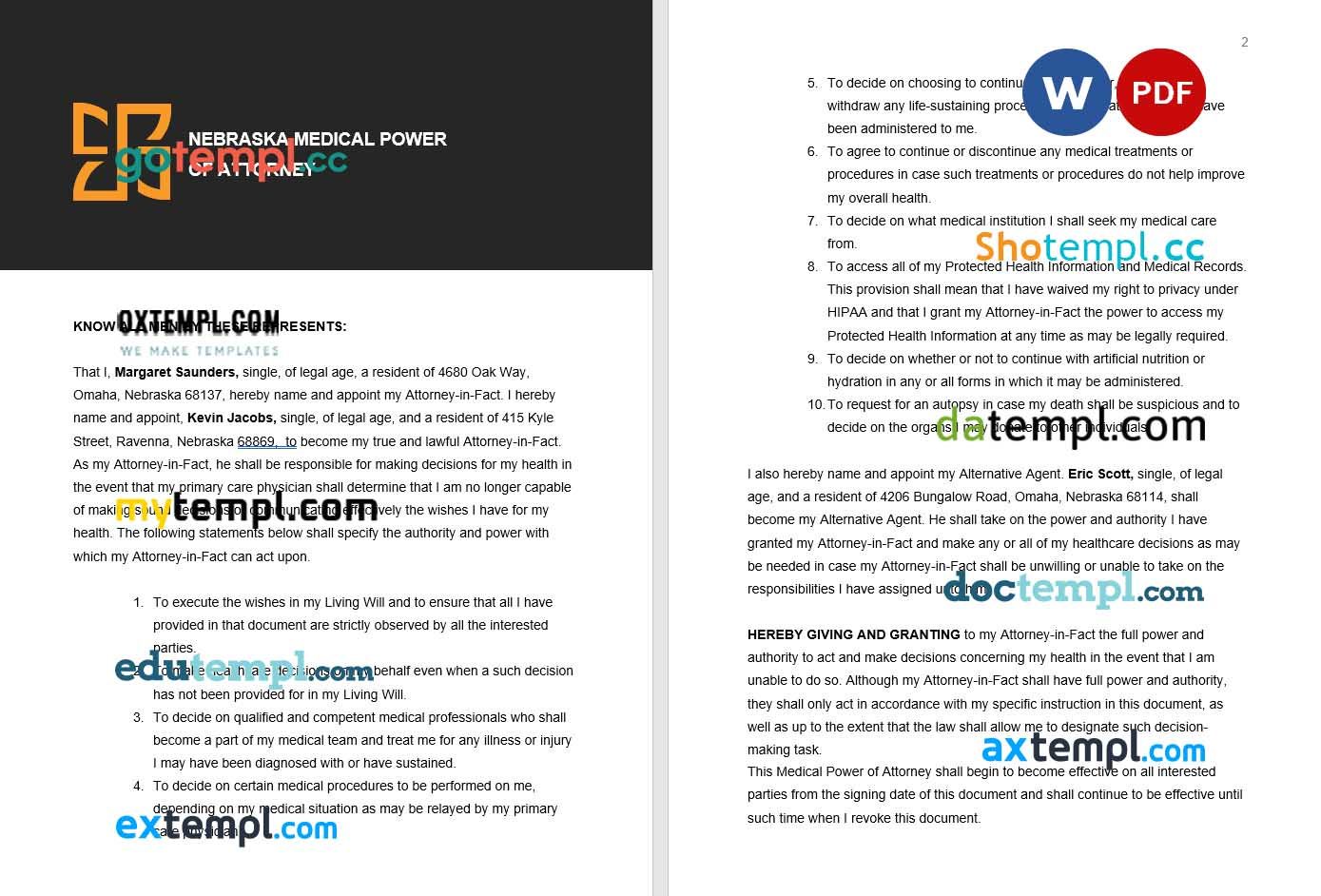 Nebraska Medical Power of Attorney example, fully editable
