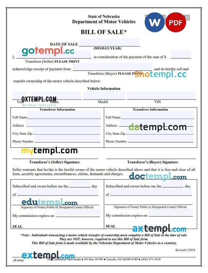 Nebraska Motor Vehicle Bill of Sale Form example, fully editable