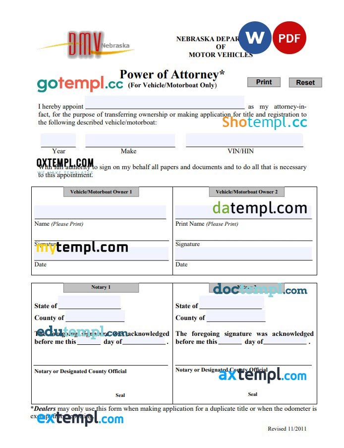 Nebraska Motor Vehicle Power of Attorney Form example, fully editable