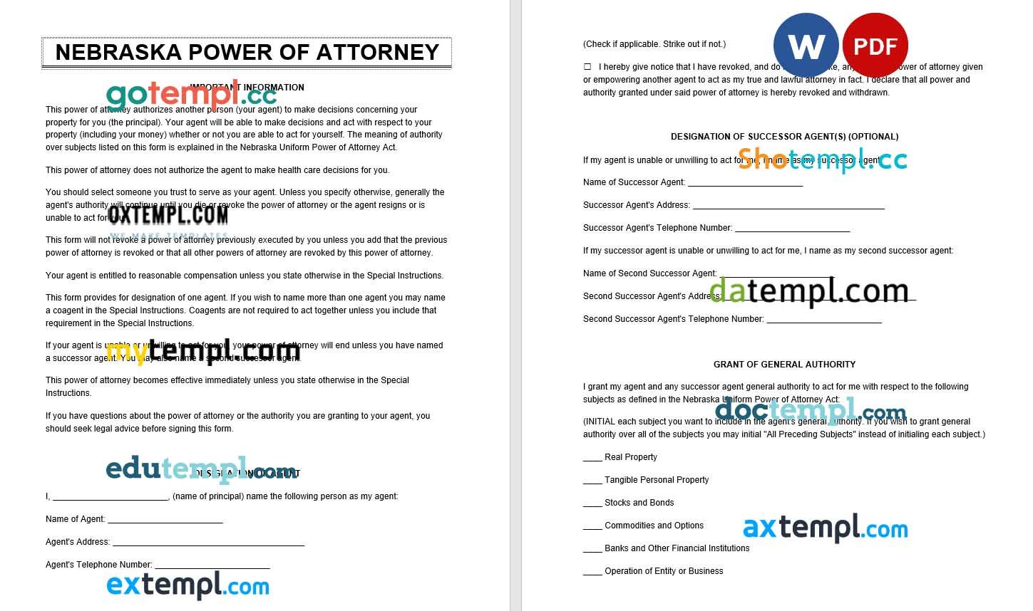 Nebraska Power of Attorney example, fully editable