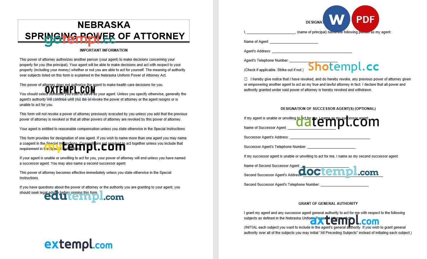 Nebraska Springing Power of Attorney example, fully editable