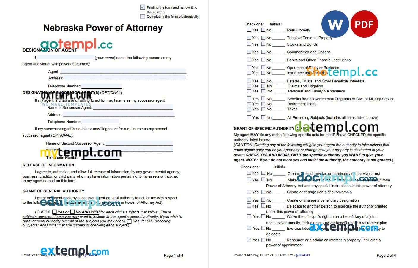 Nebraska Supreme Court Statutory Durable Power of Attorney Form example, fully editable