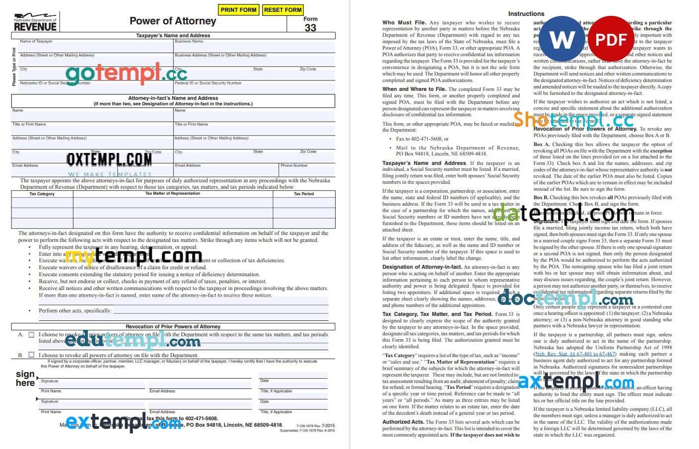 Nebraska Tax Power of Attorney Form example, fully editable