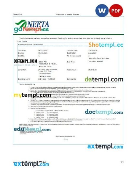 Neeta Tours & Travels bus return e-ticket, Word and PDF download template