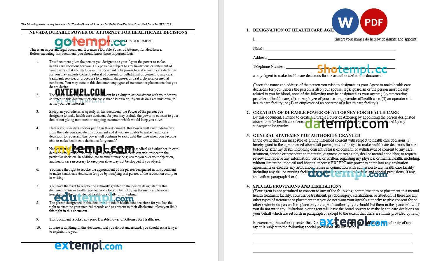 Nevada Durable Power of Attorney for Health Care Decisions example, fully editable