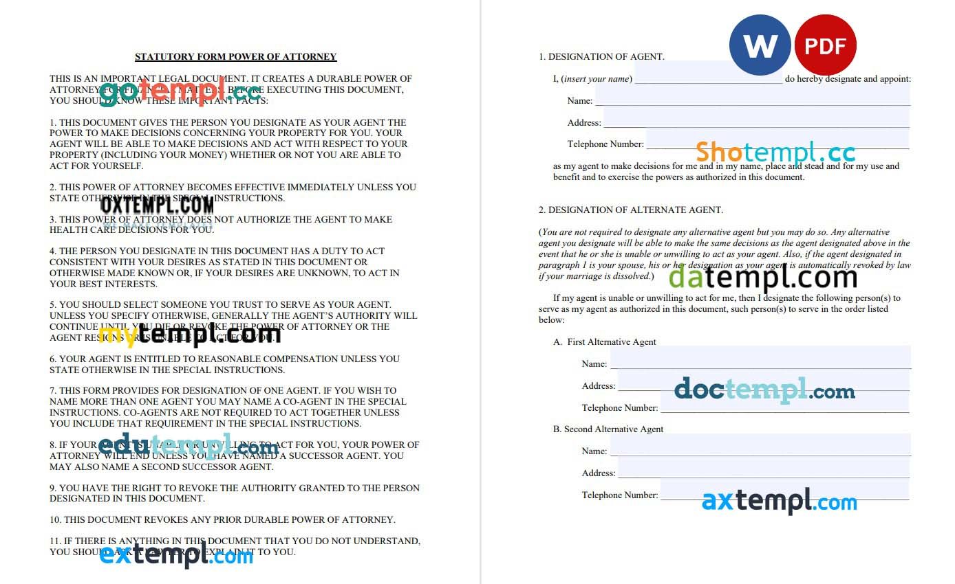 Nevada Durable Statutory Power of Attorney Form example, fully editable version 1