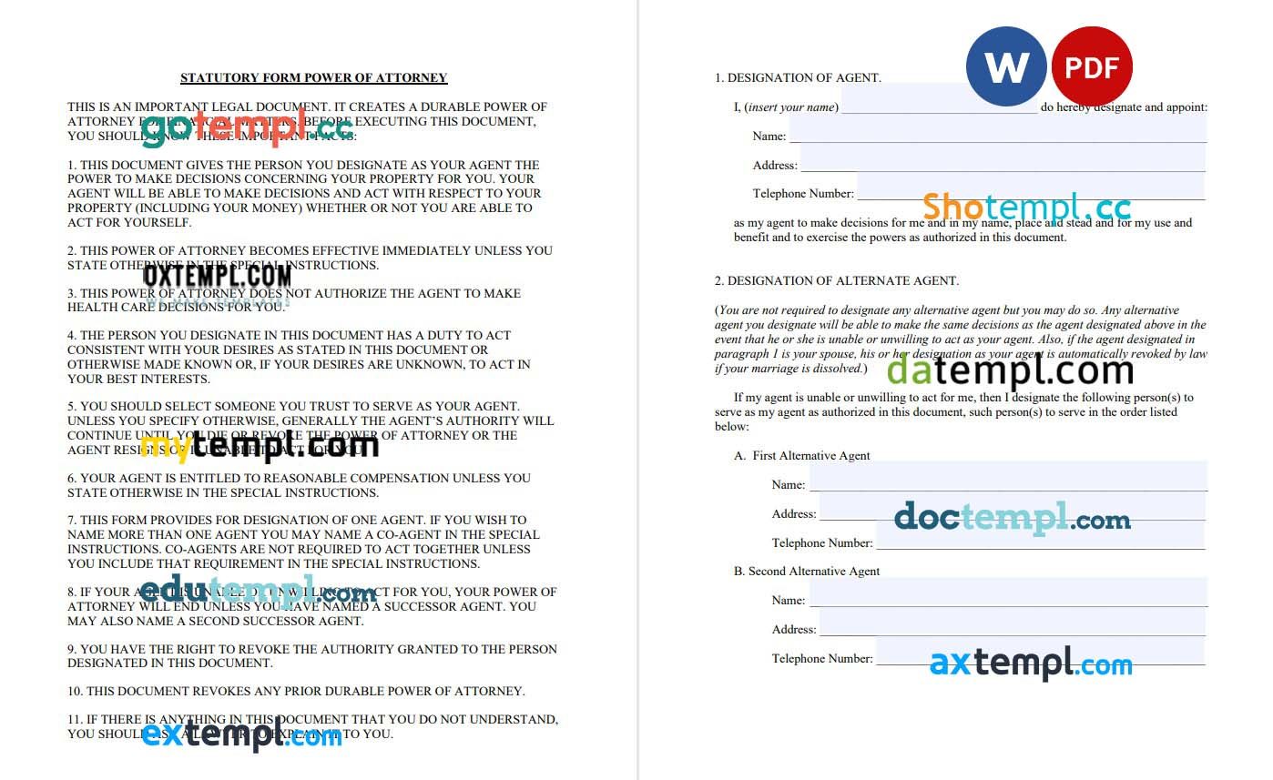 Nevada Durable Statutory Power of Attorney Form example, fully editable