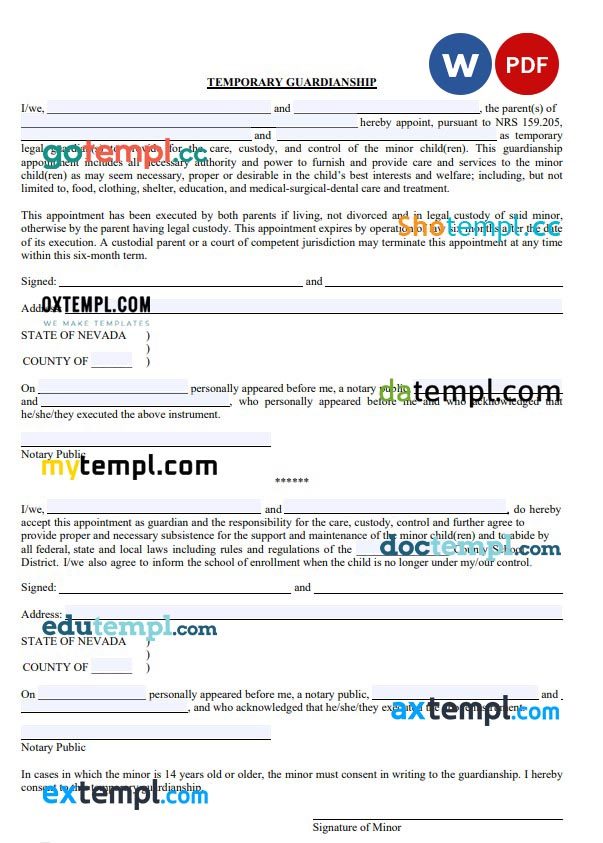 Nevada Minor Child Power of Attorney Form example, fully editable