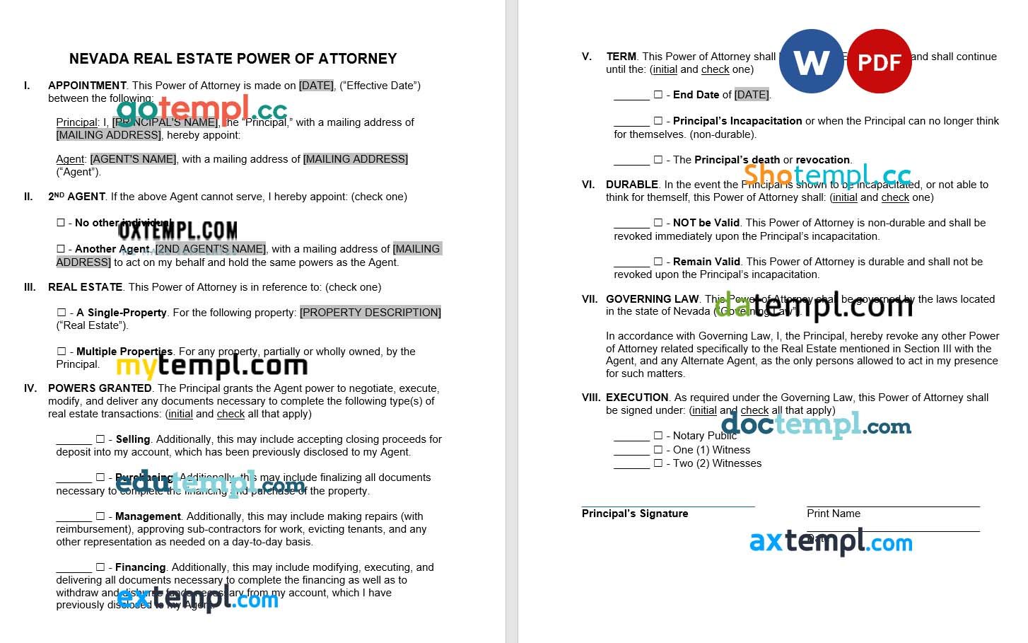 Nevada Real Estate Power of Attorney Form example, fully editable