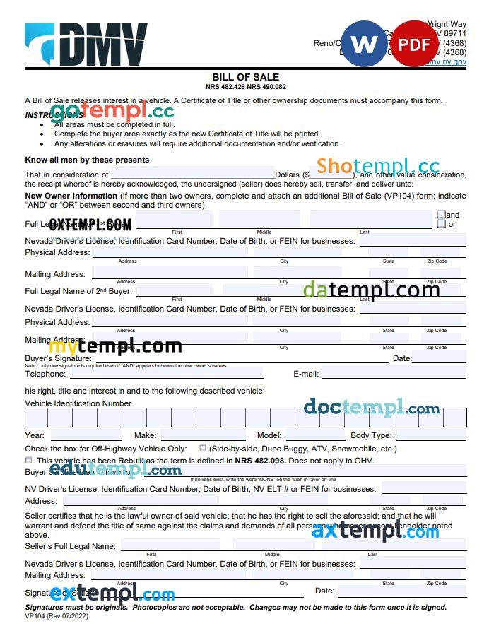 Nevada Vehicle Bill of Sale example, fully editable