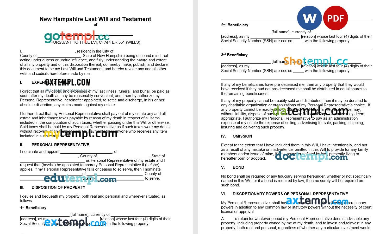 New Hampshire Last Will and Testament example, fully editable